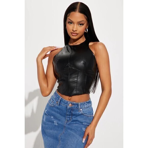 Sleeveless Corset Style Faux Leather Top Black Size M RefM100 - Picture 1 of 10
